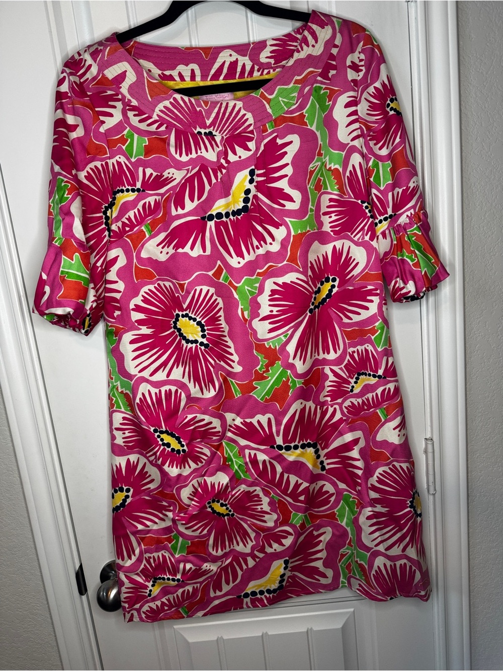 Lilly Pulitzer Dress Women 10 Pink Floral Silk Shift Tropical Ruffle Sleeve